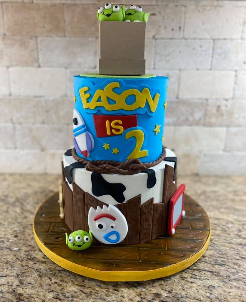 Toy Story themed two-tier birthday cake