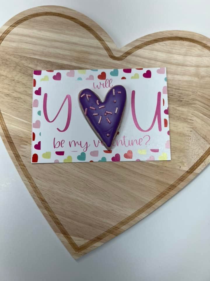 Purple heart cookie on a Valentine card